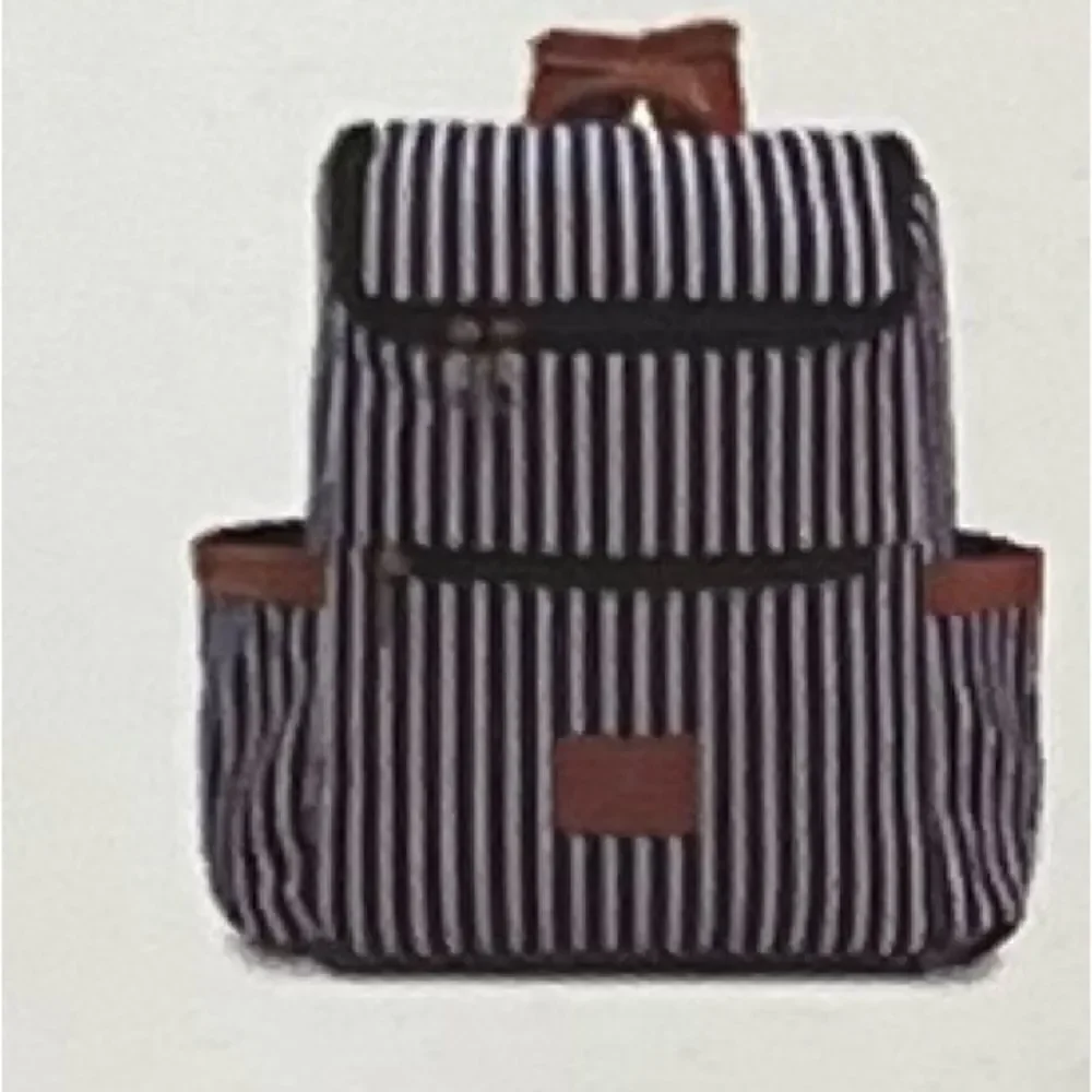 Jessica Moore Striped Backpack New 2 Zipper Sections 3 Pockets Navy White Brown